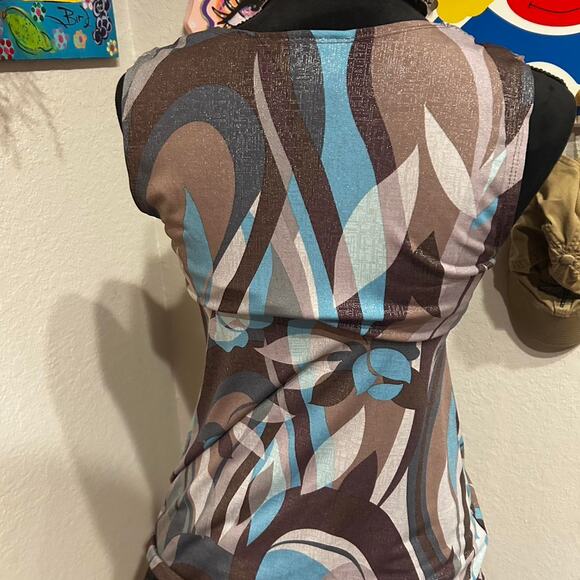 Vintage Self Esteem Brown and blue abstract print V-neck top with silver belting - Picture 6 of 7